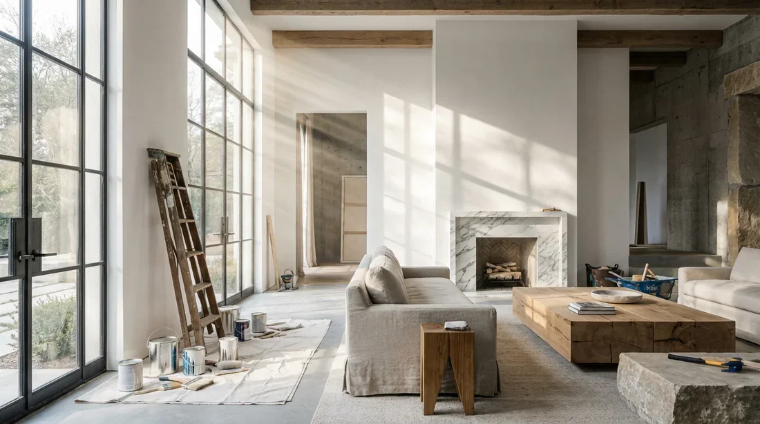 Intérieur de salon moderne et lumineux en fin de rénovation avec échelle en bois et pots de peinture