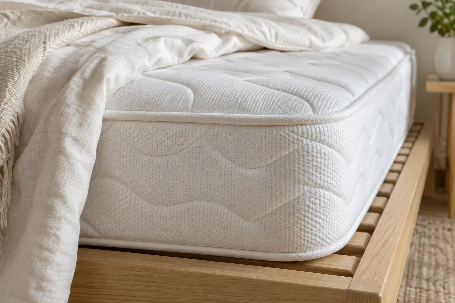 Détail d’un matelas blanc matelassé installé sur un sommier en bois
