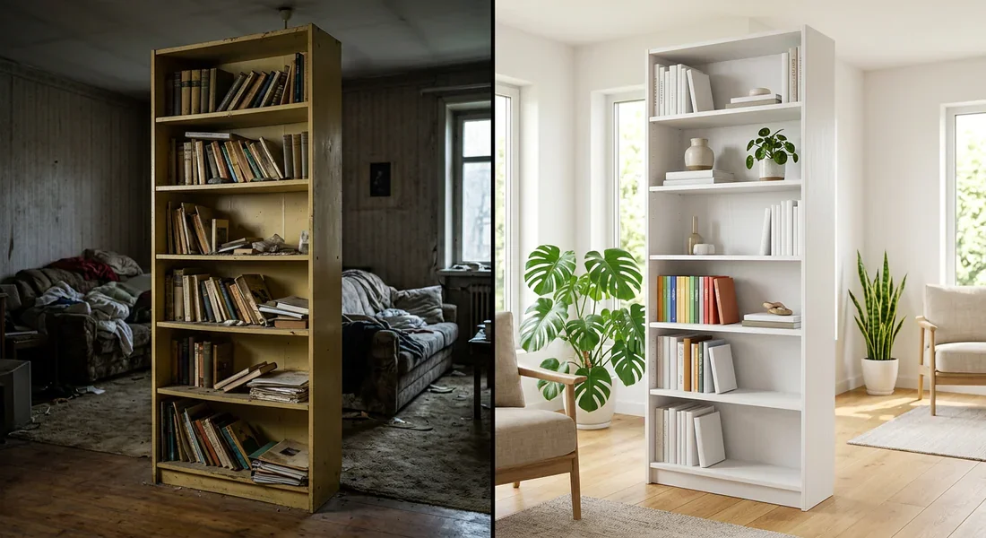 Comparatif avant après blanchiment bibliothèque IKEA Billy jaunie