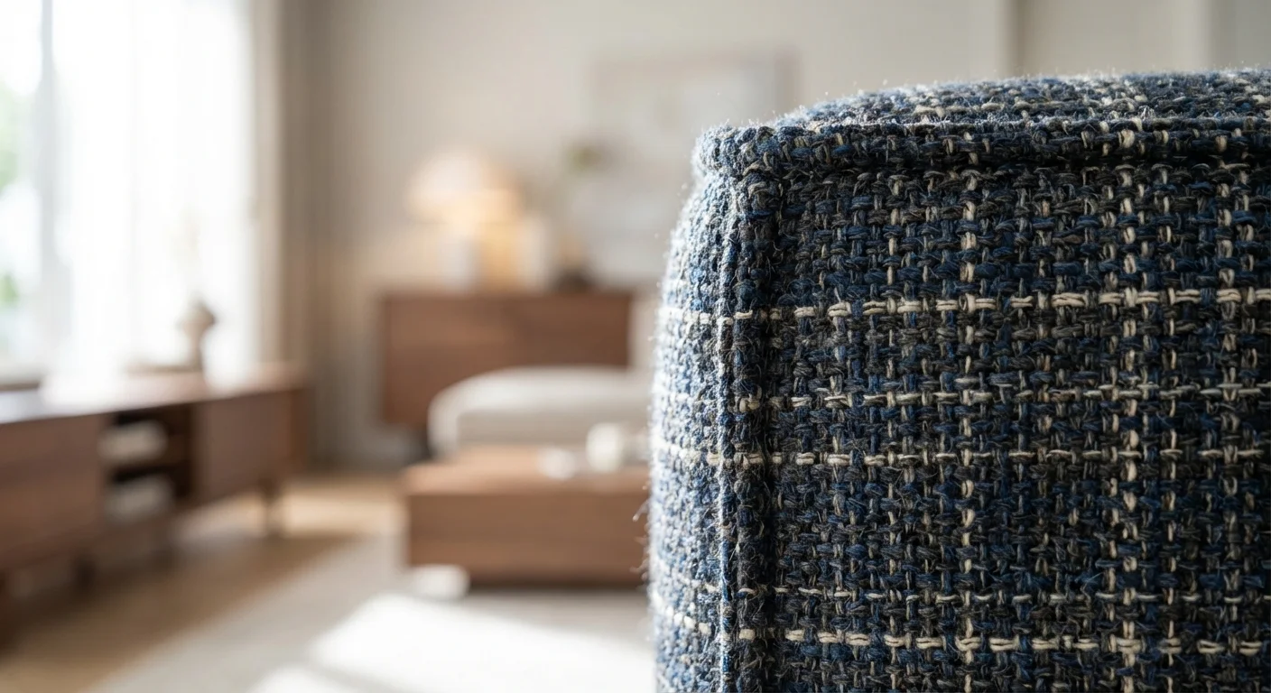 Gros plan sur les détails de couture et les textiles de haute qualité d'un canapé Roche Bobois