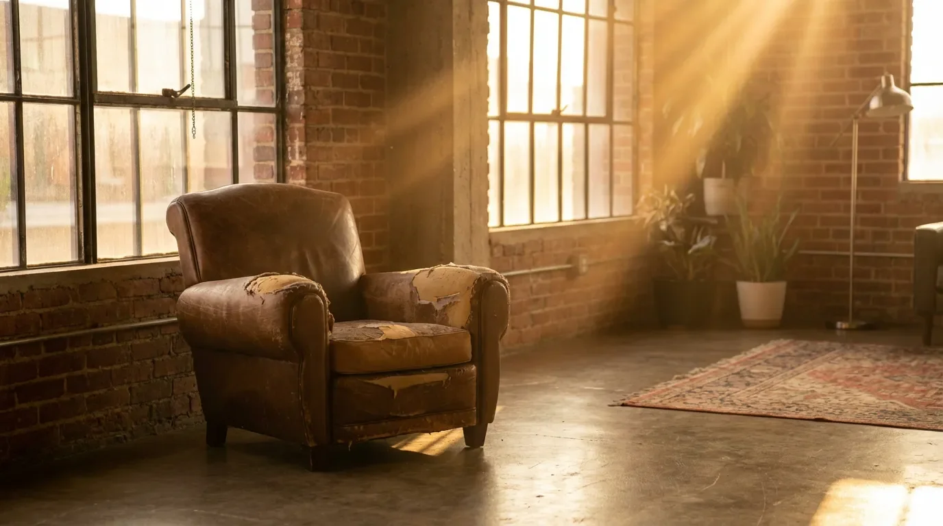 Fauteuil simili cuir usé design Fauteuil en simili cuir craquelé dans un salon style loft industriel lumineux