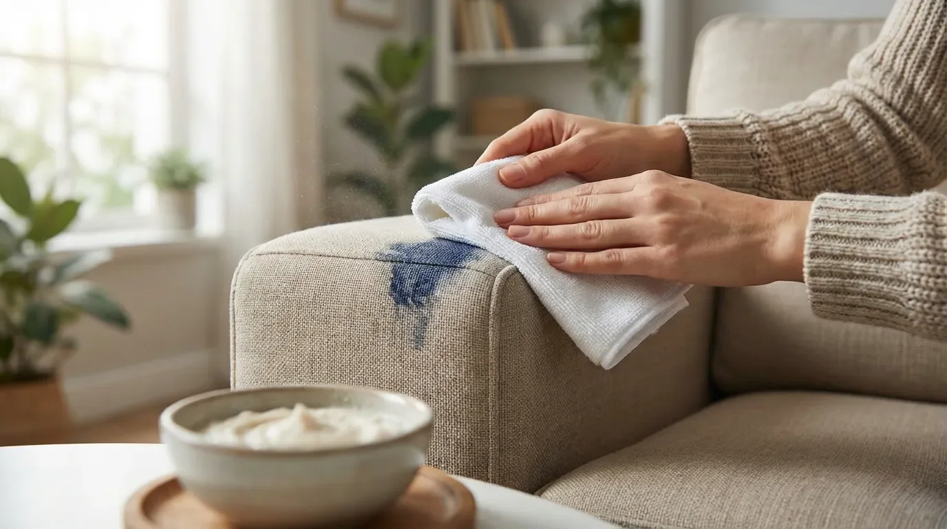 Application délicate d'une solution nettoyante sur une tache de jean avec un chiffon blanc pour éviter les auréoles.