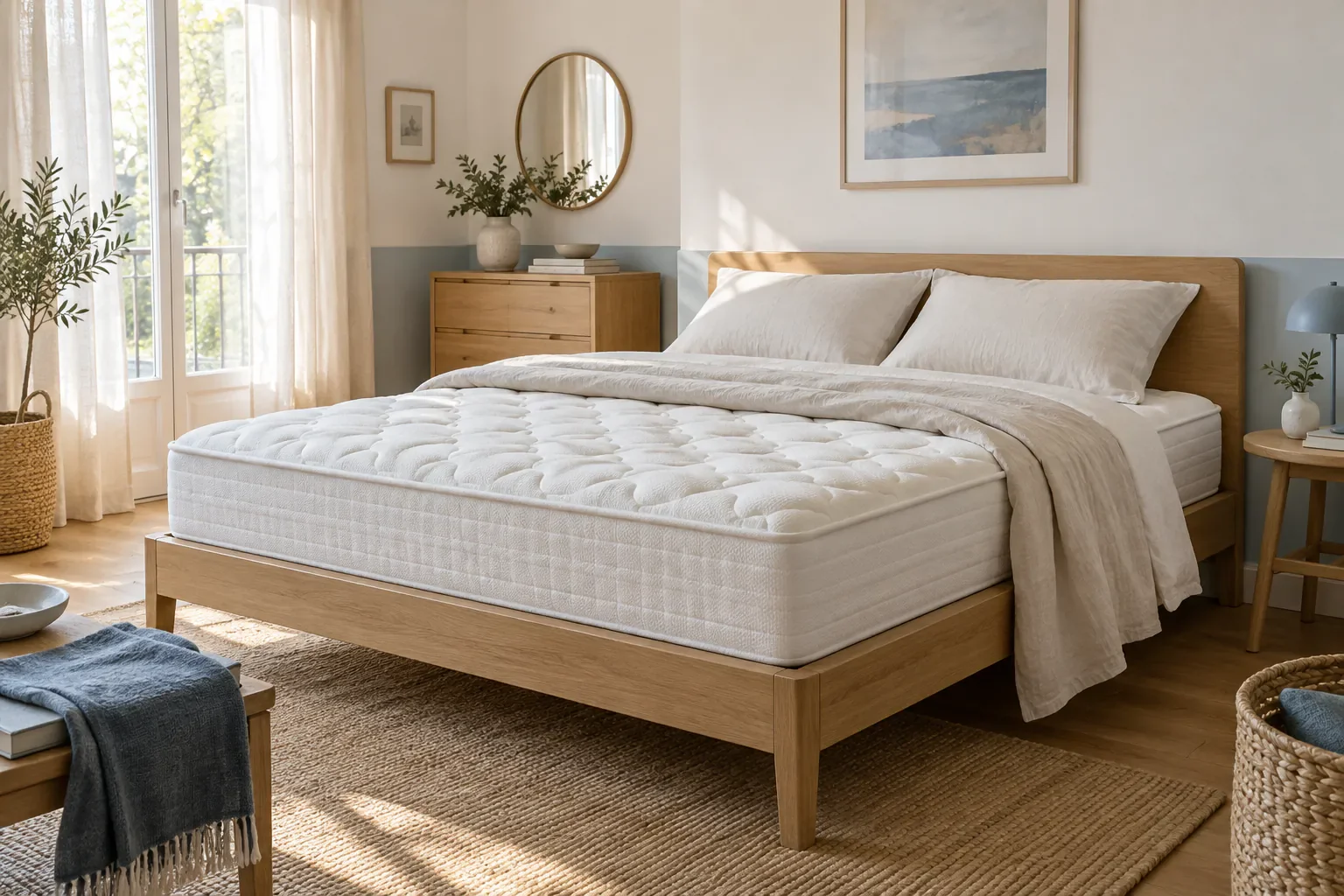 Choisir un matelas adapté à sa chambre Matelas blanc dans une chambre lumineuse au mobilier en bois clair