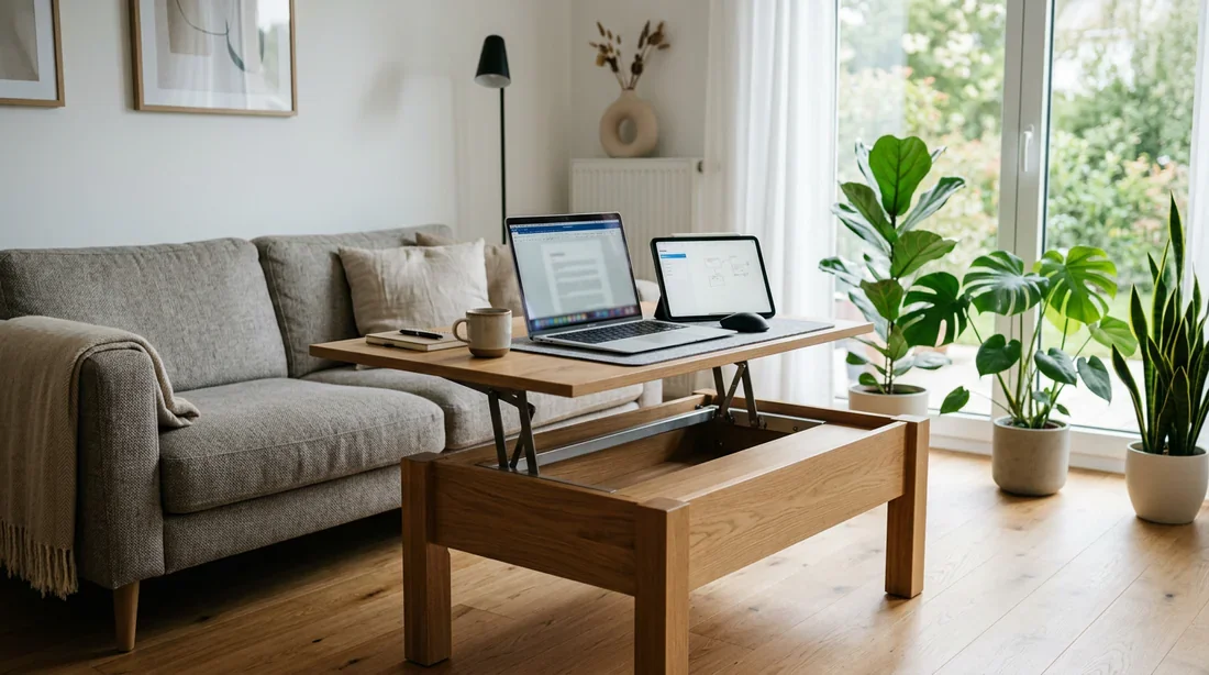 Travailler sur une table basse relevable Aménagement d'un coin bureau sur une table basse relevable