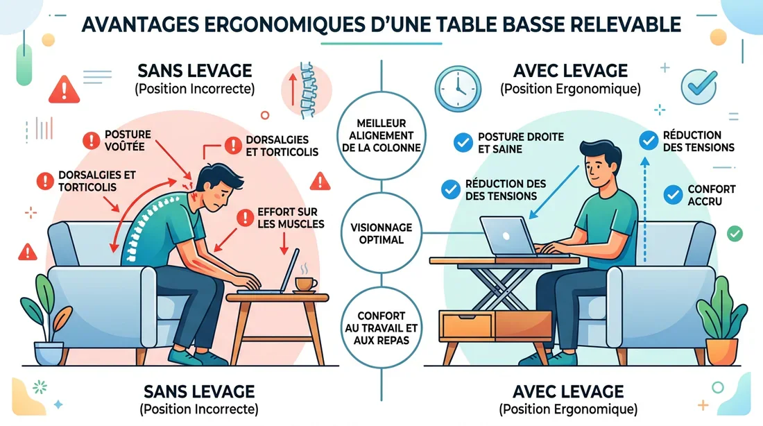 Ergonomie et table basse relevable Infographie illustrant l'ergonomie d'une table basse avec plateau relevable