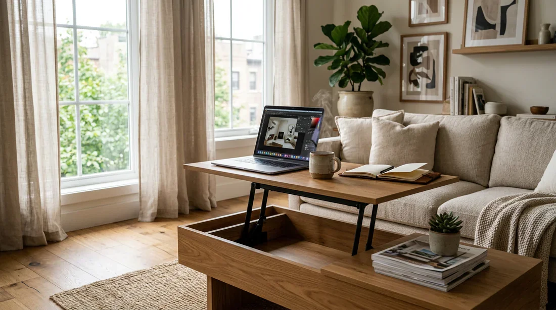 Table basse moderne avec plateau relevable Table basse moderne avec plateau relevable dans un salon contemporain