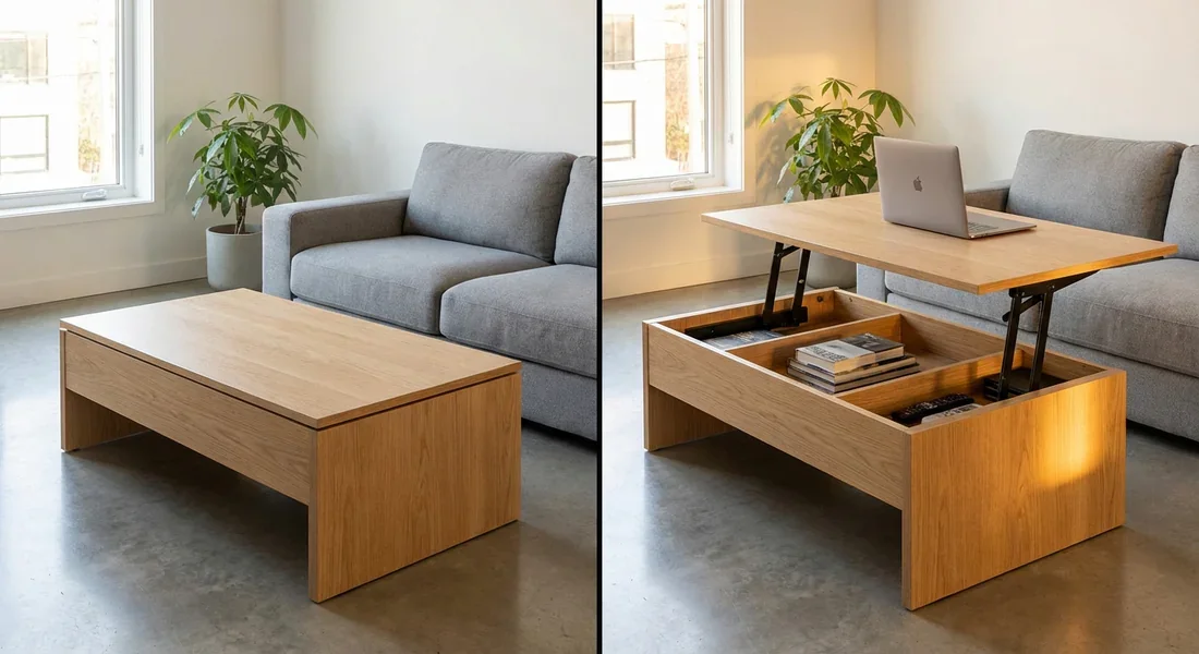 Comparatif avant-après d'une table basse relevable fermée et ouverte avec un ordinateur dans un salon moderne