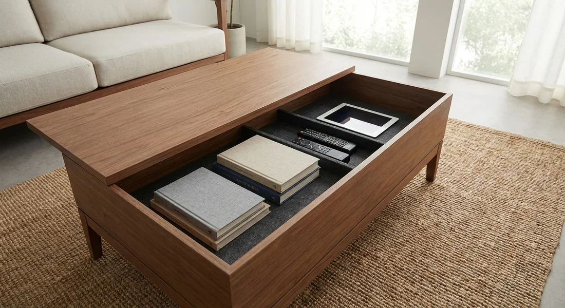 Espace de rangement caché sous le plateau d'une table basse en bois