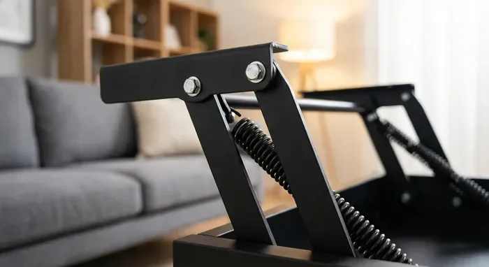Mécanisme table relevable : le guide complet - 3 secrets pour réussir votre table DIY - Table basse relevable : comment éviter les pièges ? Gros plan sur le mécanisme de levage robuste en métal noir d'une table basse