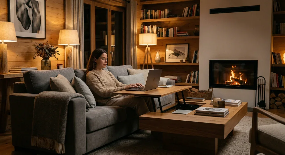 Homme travaillant sur un ordinateur portable posé sur le plateau relevé d'une table de salon
