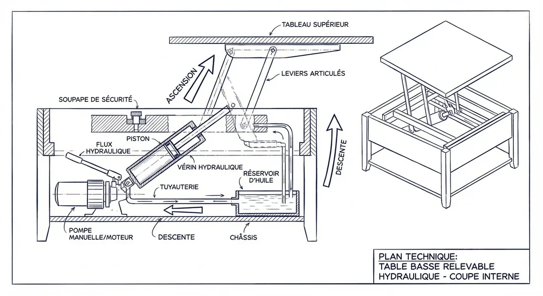 Schéma technique du fonctionnement d'un mécanisme de table basse relevable