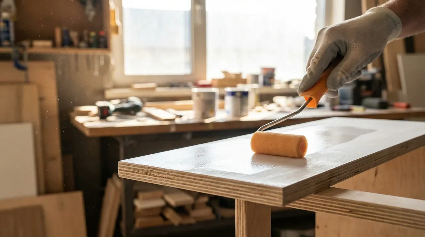 Application de la sous-couche au rouleau sur une étagère en contreplaqué.