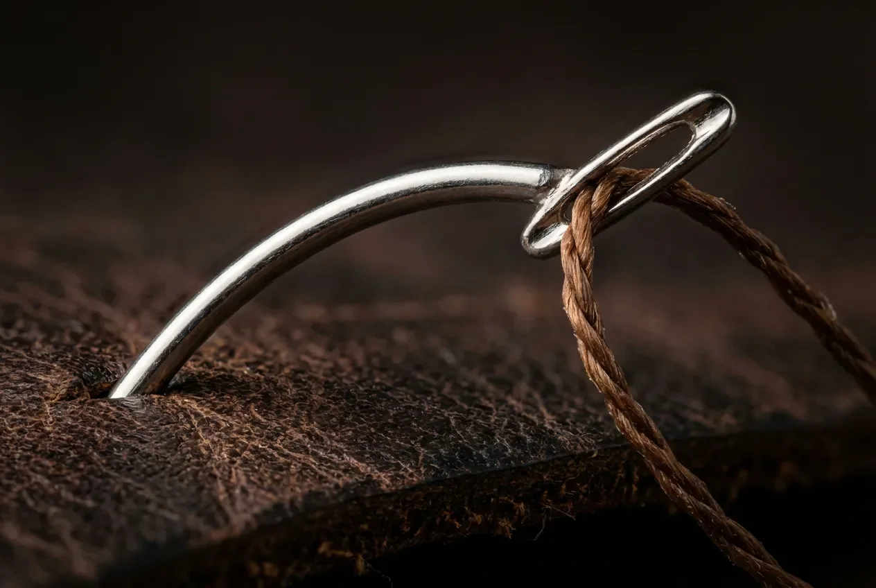 Recoudre un canapé en cuir : Tuto Réparation Facile Gros plan macro aiguille courbe de tapissier traversant du cuir épais