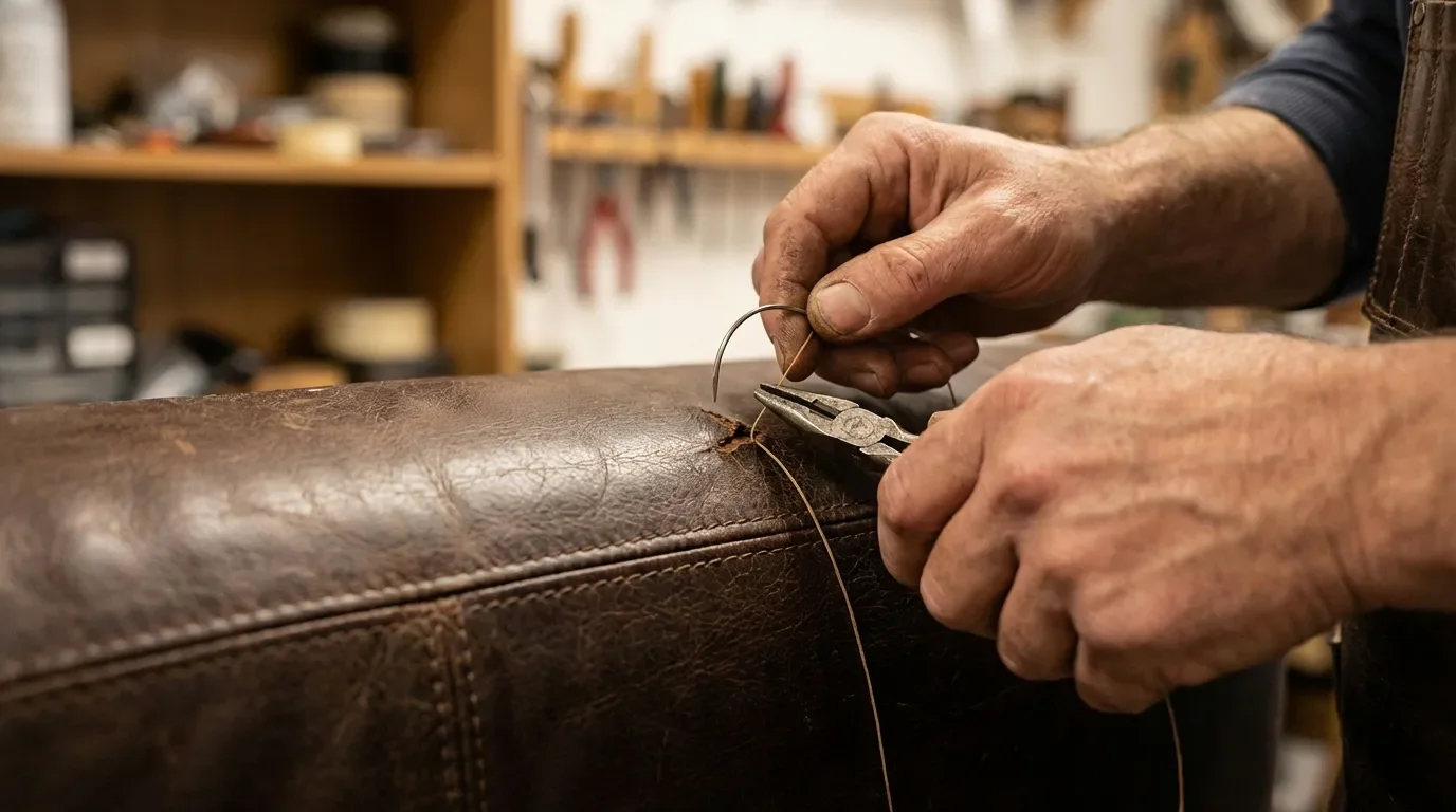 Technique couture invisible cuir Mains d'un artisan recousant une déchirure sur un canapé en cuir avec précision