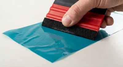 Geste de marouflage avec une raclette sur un film adhésif bleu canard.