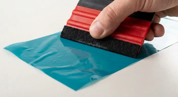 Recouvrir meuble avec papier adhésif : le guide - Adhésif pour meubles : le secret du fini sans bulles - Comment poser de l'adhésif sur un meuble sans bulles ? Geste de marouflage avec une raclette sur un film adhésif bleu canard.