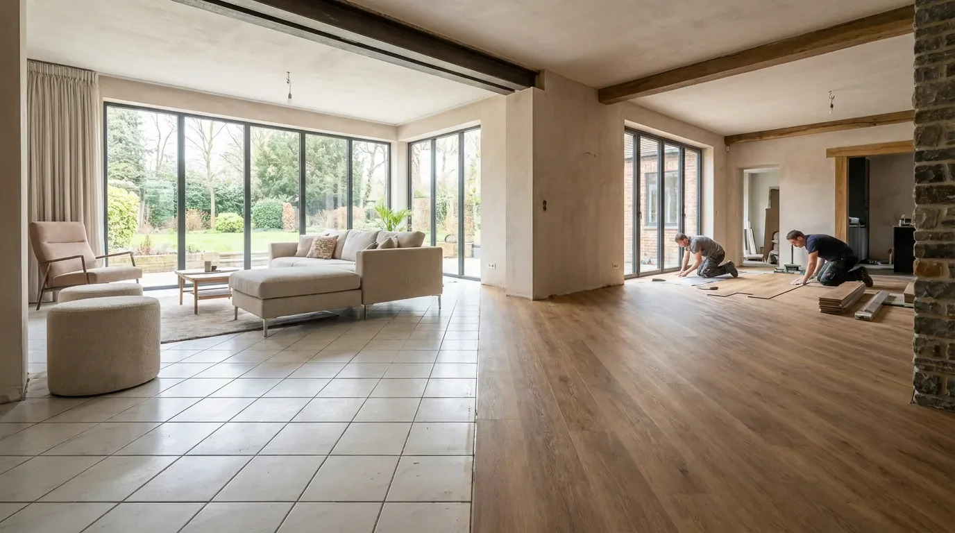 Rénovation intérieure montrant la transition entre un ancien carrelage et un nouveau sol vinyle imitation bois