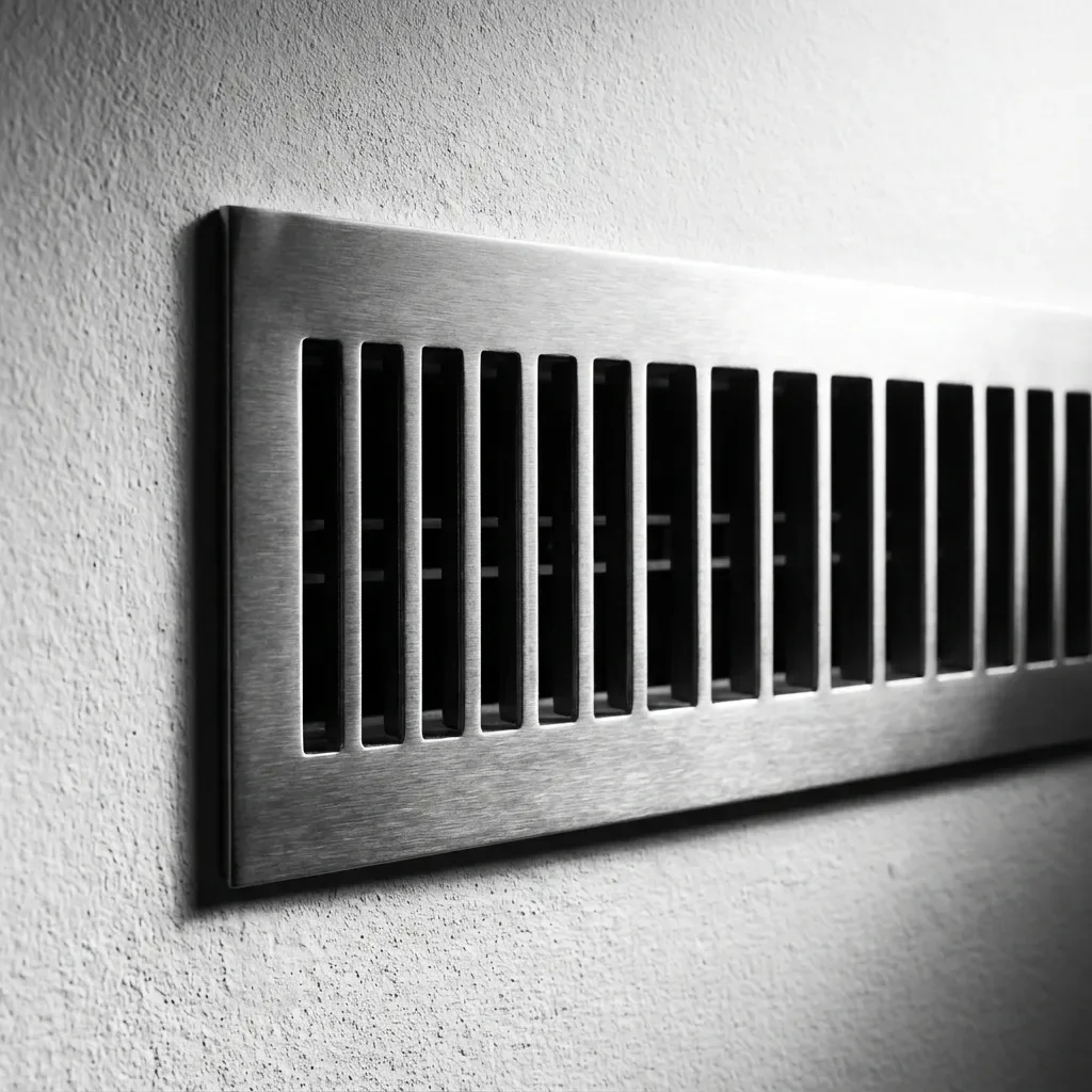 Boucher grille aeration mur : guide et précautions Gros plan d'une grille d'aération murale moderne, propre et minimaliste.