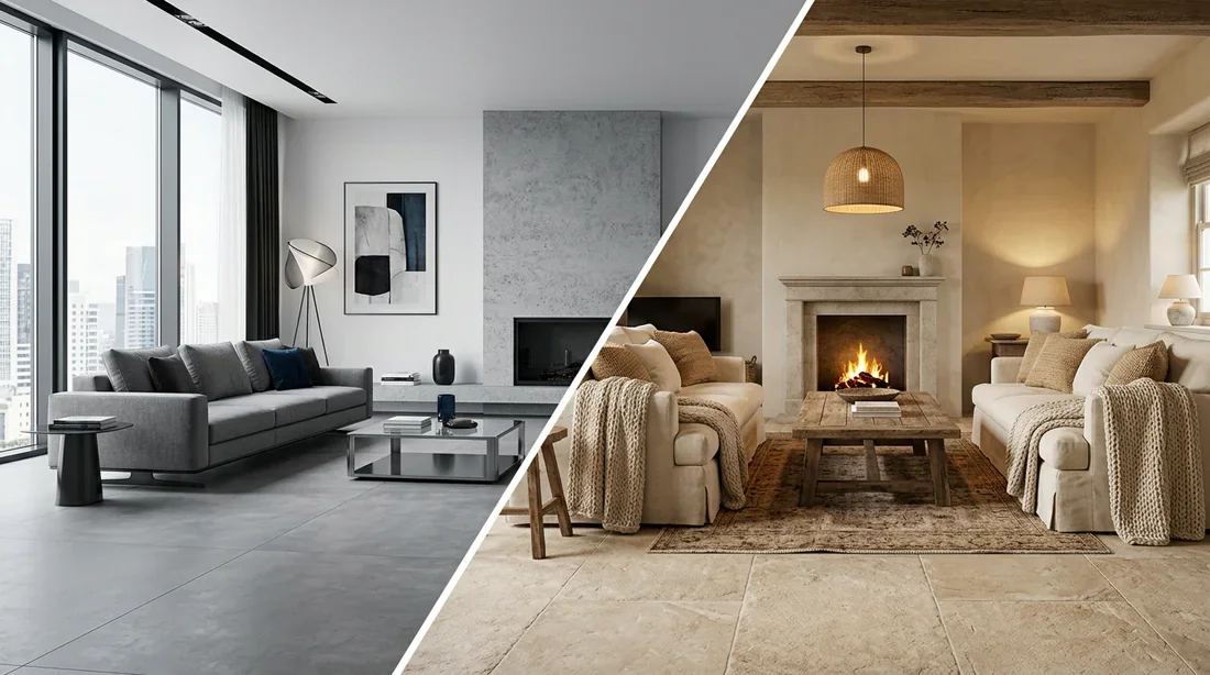 Carrelage gris effet béton vs carrelage beige effet pierre Comparaison visuelle entre un sol en carrelage gris effet béton et un carrelage beige effet pierre dans un salon