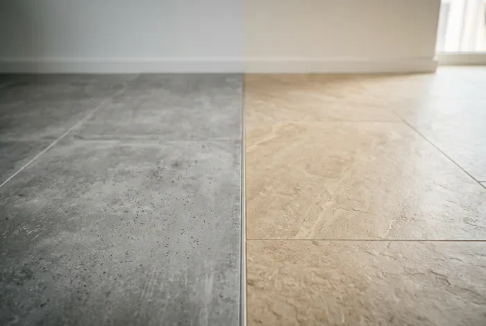 Carrelage gris ou beige : le guide comparatif complet - Carrelage gris ou beige ? Ne faites pas cette erreur ! - Carrelage gris ou beige : quelle couleur choisir en 2026 ? Miniature comparatif entre carrelage gris béton et beige effet pierre