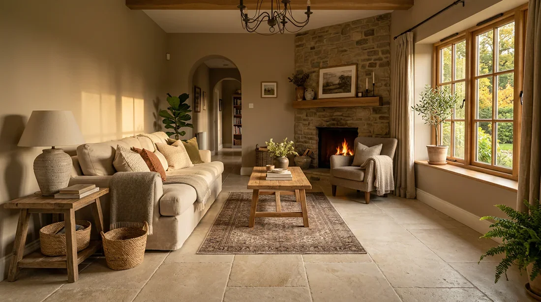 Ambiance chaleureuse avec carrelage beige effet pierre Salon chaleureux équipé d'un carrelage beige imitation pierre naturelle
