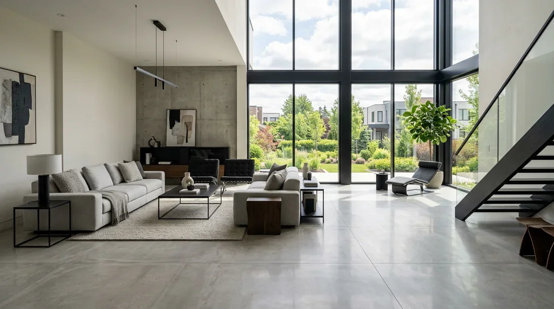 Ambiance moderne avec carrelage gris effet béton Salon contemporain lumineux avec un sol en carrelage gris effet béton
