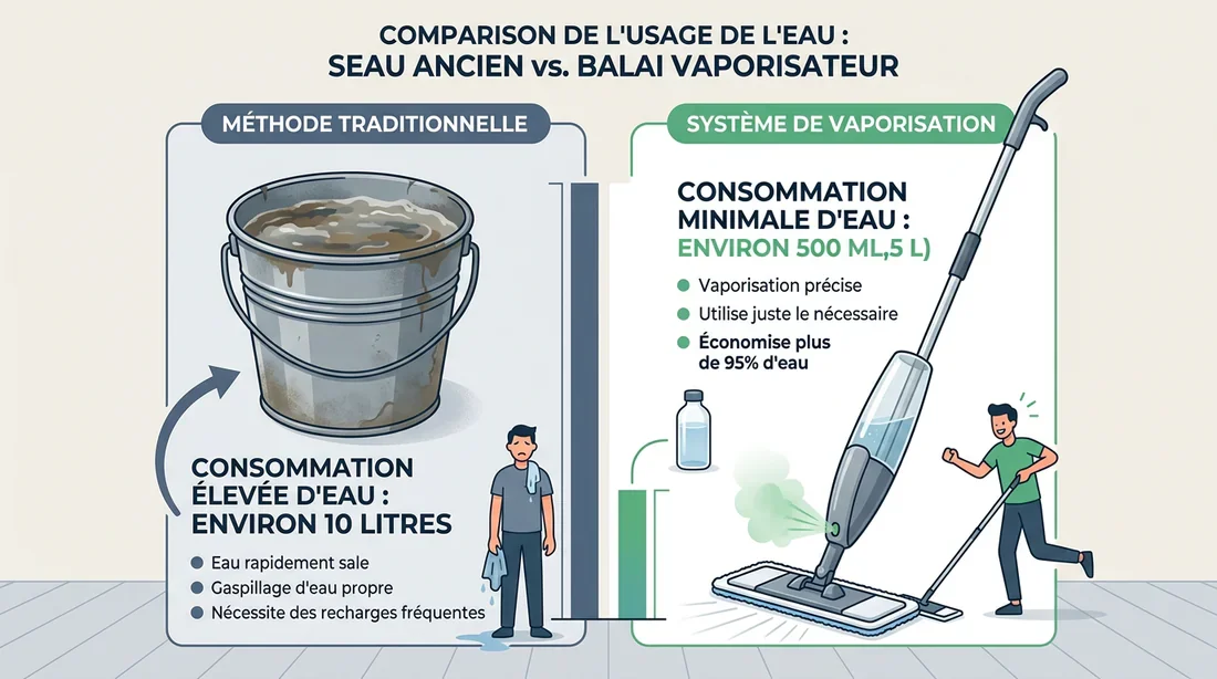 Comparaison de la consommation d'eau entre serpillière et balai spray