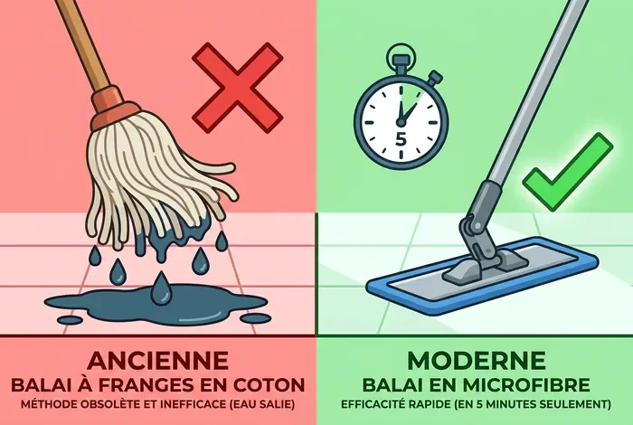 Comparaison entre une serpillière traditionnelle et un balai microfibre rapide