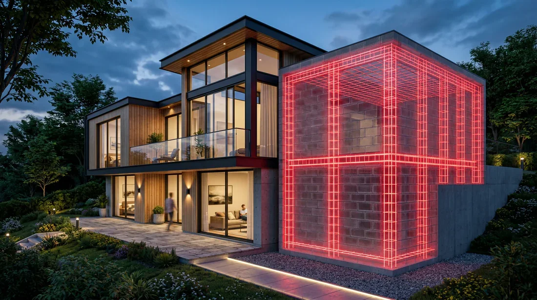 Rendu 3D extension de maison et chaînages en béton armé Rendu 3D d'une extension de maison à 3 murs avec maillage de chaînage en fers à béton apparents