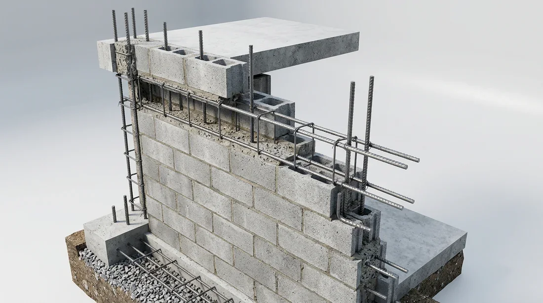 Chaînages verticaux et horizontaux pour maçonnerie Schéma 3D du chaînage horizontal et vertical dans des murs en parpaings