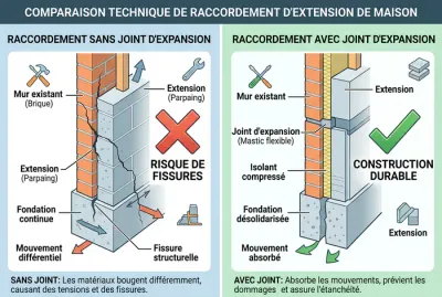 Schéma comparatif avant-après montrant le joint de dilatation pour extension de maison