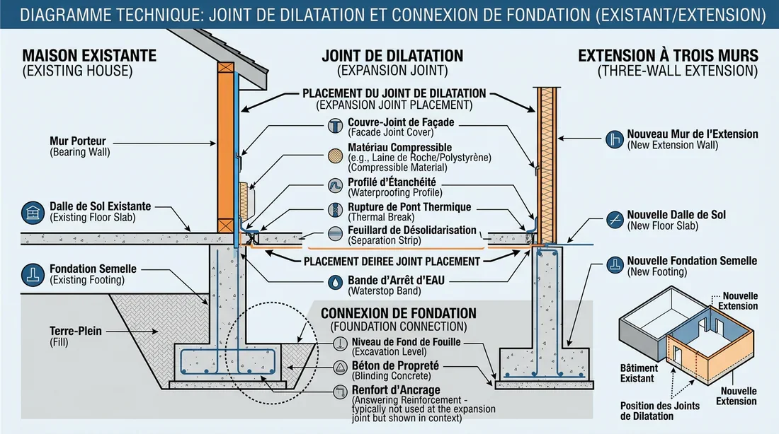 Plan technique joint de dilatation et fondations d'extension Schéma technique de la liaison de fondation et du joint de dilatation d'une extension