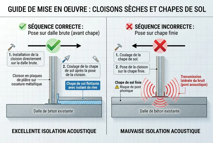 Schéma comparatif avec symbole vert et rouge montrant l'ordre d'exécution entre placo et chape pour l'isolation acoustique