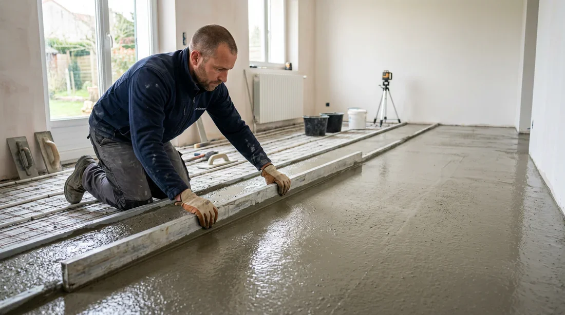 Artisan carreleur posant une chape sur sol Artisan professionnel réalisant la pose d'une chape de mortier sur un sol intérieur