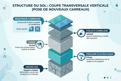 Infographie illustrant les couches d'une chape avant pose de carrelage