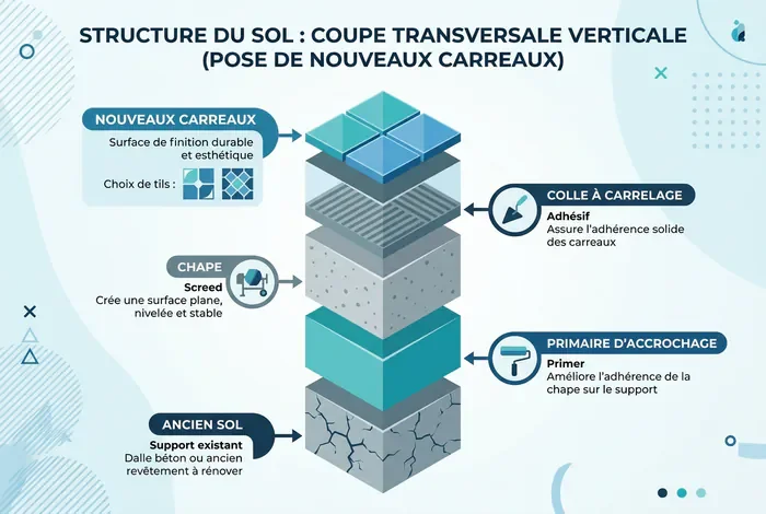 Infographie illustrant les couches d'une chape avant pose de carrelage