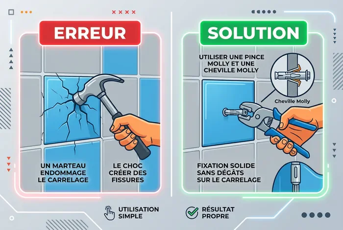 Infographie comparative montrant l'erreur du choc avec marteau contre la solution d'utilisation d'une cheville Molly sur carrelage.