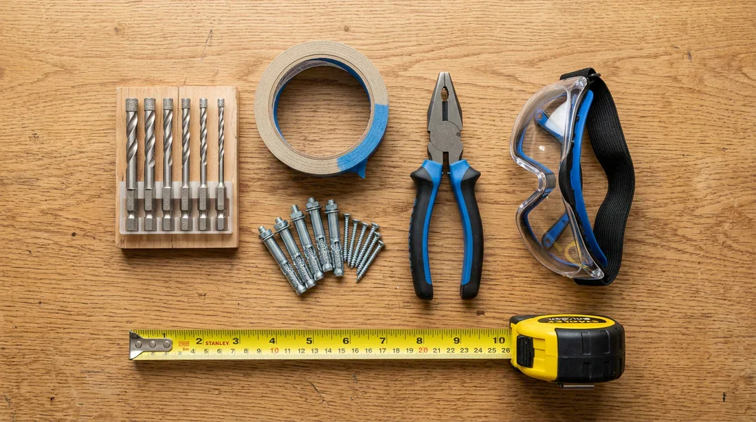 Outils et équipement pour percer et fixer sur carrelage Matériel complet nécessaire pour percer le carrelage et poser une cheville Molly.