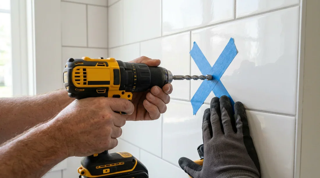 Percer du carrelage avec une perceuse et foret diamant Vue à la première personne de mains tenant une perceuse équipée d'un foret diamant devant un mur en carrelage blanc préparé avec du scotch de masquage bleu.