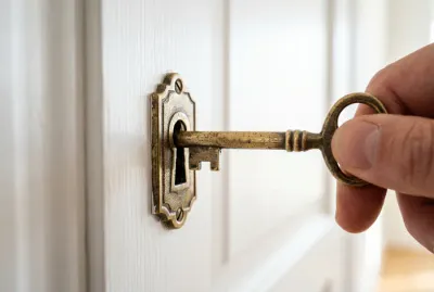Gros plan sur une clé insérée dans une serrure de porte intérieure