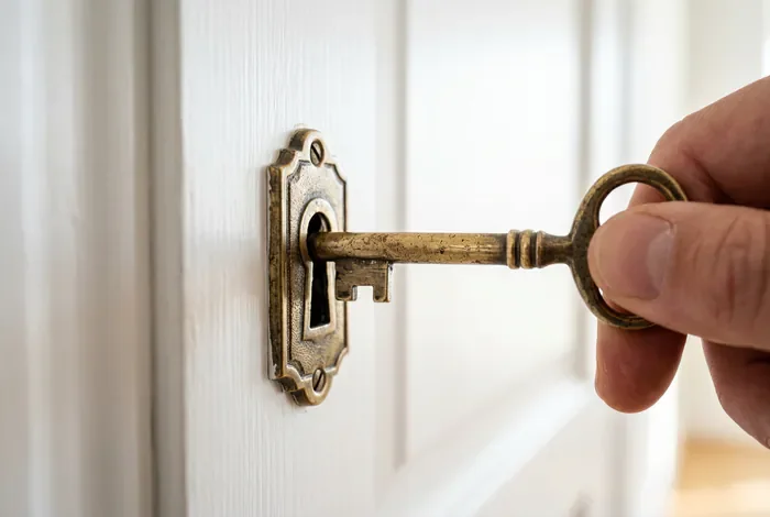 Clé de porte de chambre : Guide - 3 Méthodes pour ouvrir sans clé en 10min - Porte de chambre bloquée ? Voici comment l'ouvrir facilement Gros plan sur une clé insérée dans une serrure de porte intérieure