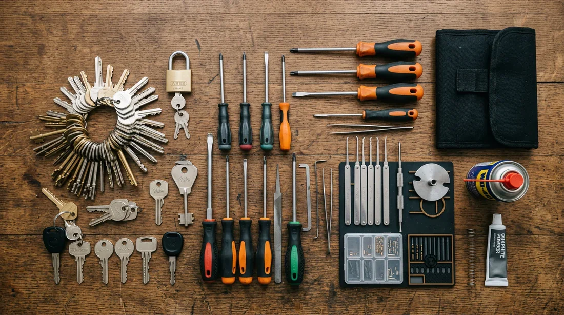 Outils de serrurier professionnel sur un établi