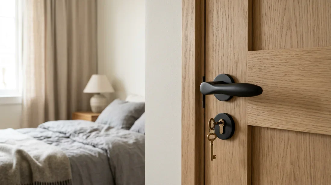 Porte de chambre en bois clair style scandinave avec poignée noire mate