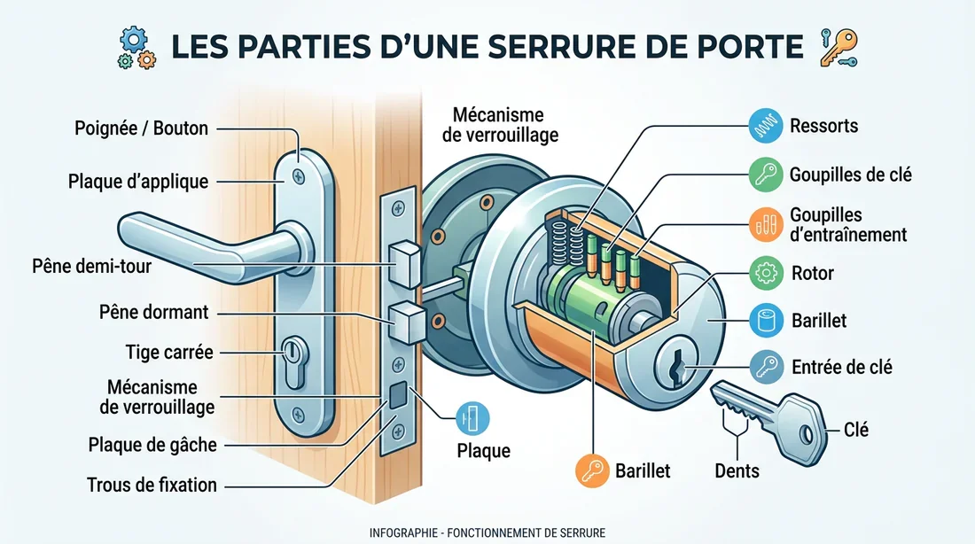 Schéma explicatif des composants d'une serrure de porte