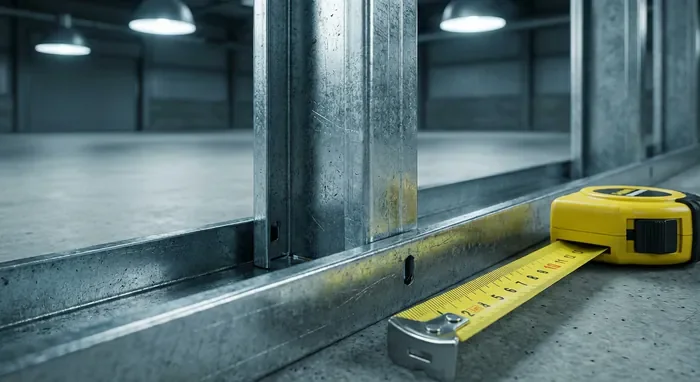 Combien de rail au m2 : le calcul exact pour vos travaux - Rail au m2 : économisez 20% sur votre chantier (Guide 2025) - Combien de rails pour mon Placo ? La méthode pour tomber juste Gros plan sur l'assemblage d'un rail et d'un montant métallique avec un mètre