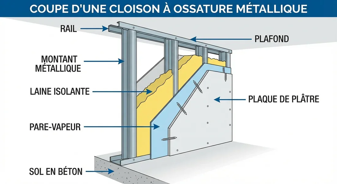 Schéma technique d'une cloison isolée sur ossature métallique