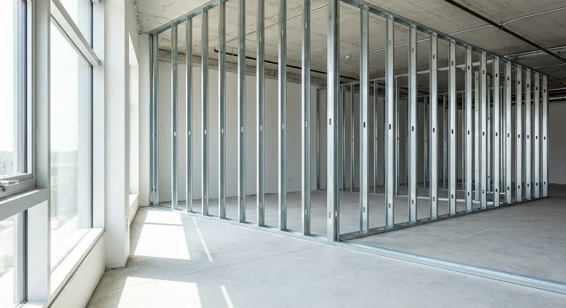 Vue d'ensemble d'un chantier propre avec ossature métallique placo avant la pose des plaques