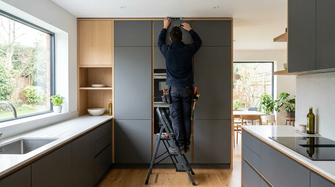 Installation meuble colonne cuisine hauteur plafond Artisan ajustant un meuble colonne de cuisine moderne affleurant le plafond