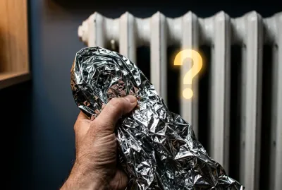 Main tenant une couverture de survie devant un radiateur
