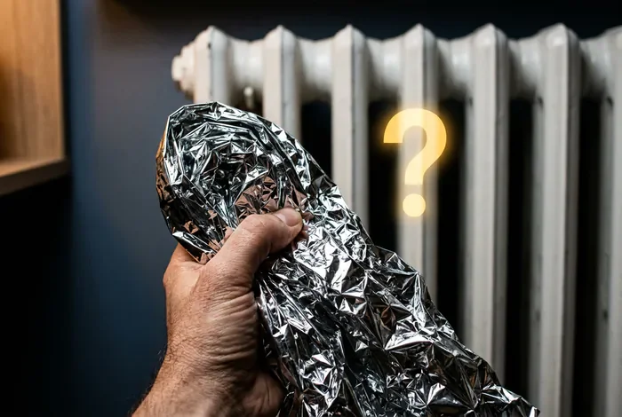 Couverture de survie pour isoler : Fausse bonne idée ? - Isolation maison : 3 dangers cachés de la couverture de survie - La couverture de survie pour isoler sa maison est-elle efficace ? Main tenant une couverture de survie devant un radiateur